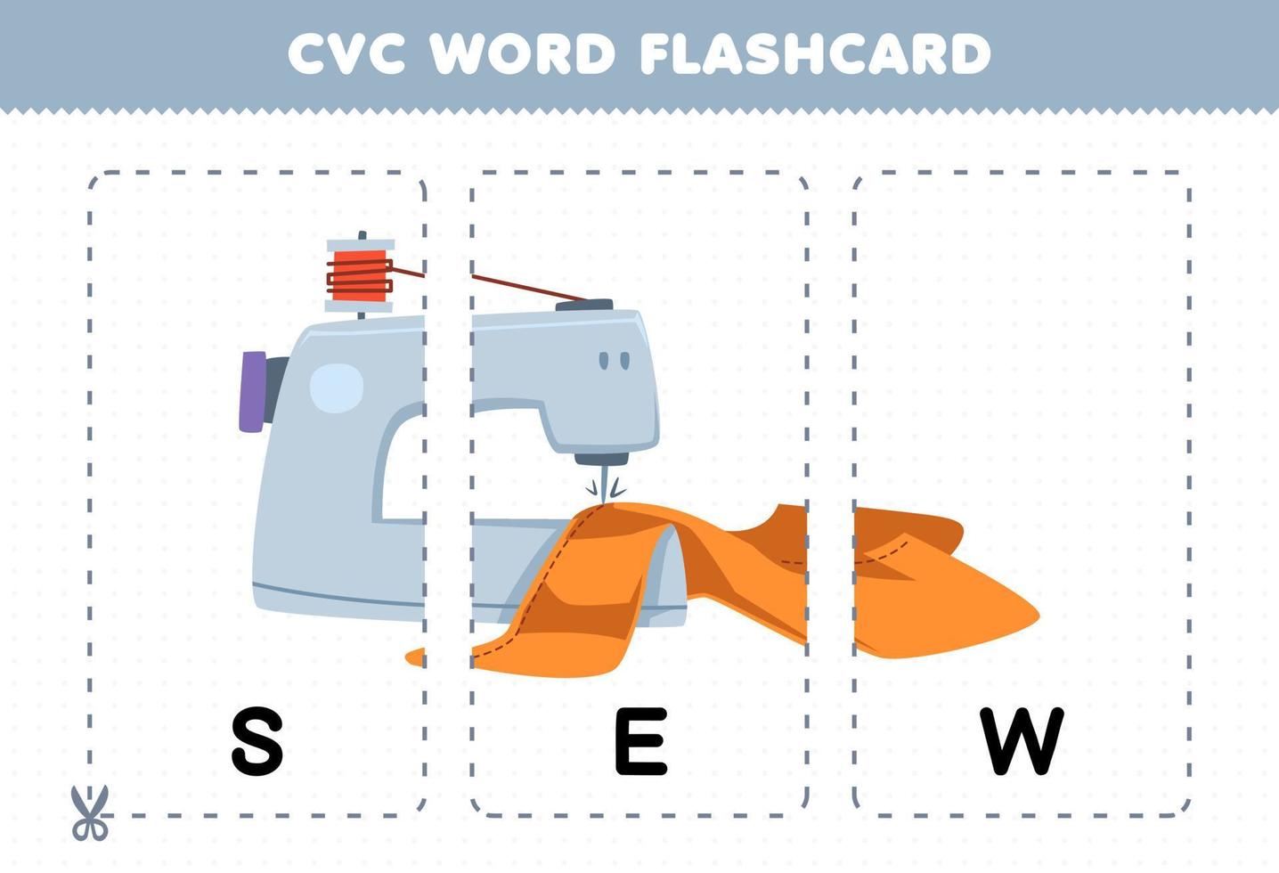 Education game for children learning consonant vowel consonant word with cute cartoon SEW illustration printable flashcard vector