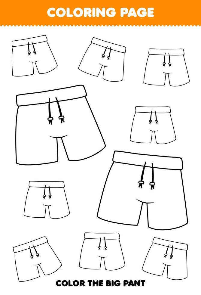 Education game for children coloring page big or small picture of wearable clothes pant line art printable worksheet vector