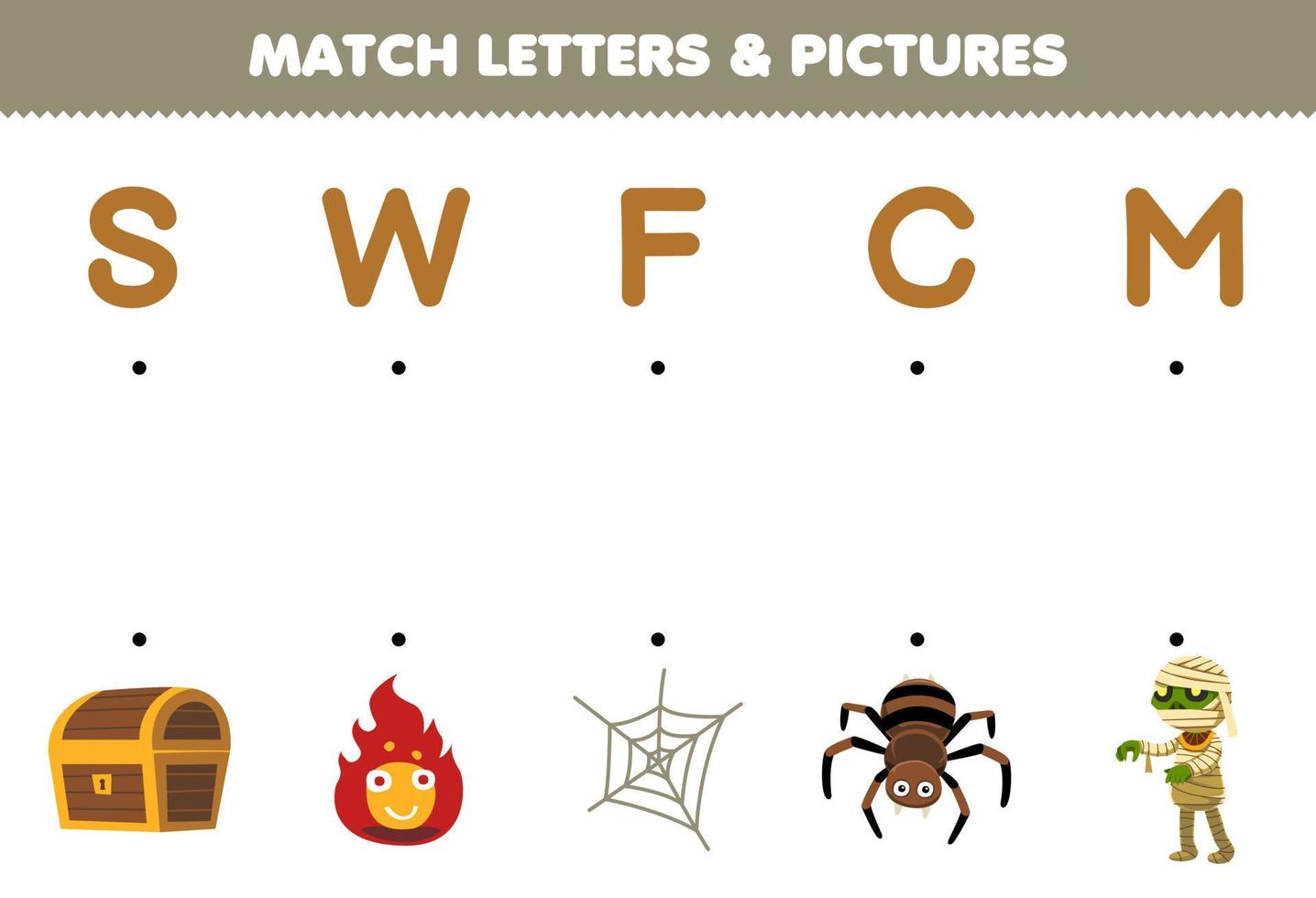 juego educativo para niños unir letras e imágenes de dibujos animados lindo cofre fuego web araña momia hoja de trabajo imprimible de halloween vector