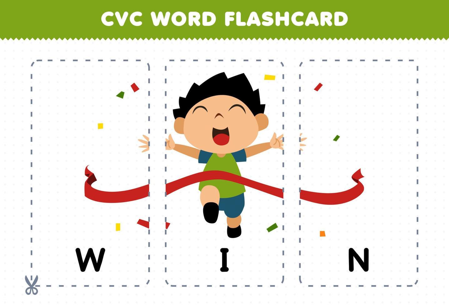 Education game for children learning consonant vowel consonant word with cute cartoon WIN illustration printable flashcard vector