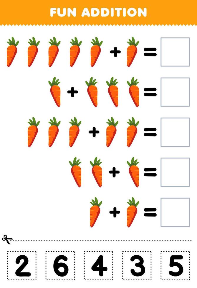 juego educativo para niños adición divertida cortando y emparejando el número correcto para la hoja de trabajo imprimible de vegetales de zanahoria de dibujos animados vector