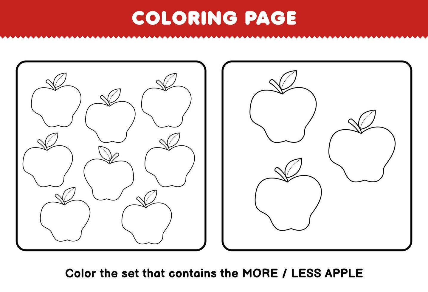 Education game for children coloring page more or less picture of cartoon apple fruit line art set printable worksheet vector