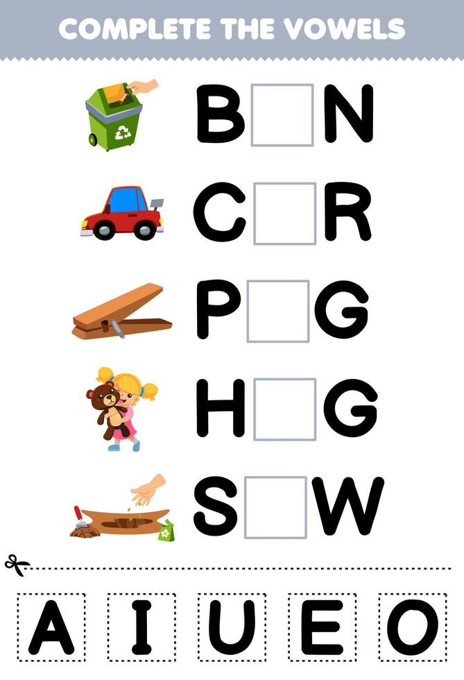 Education game for children complete the vowels of cute cartoon bin car peg hug sow illustration printable worksheet vector