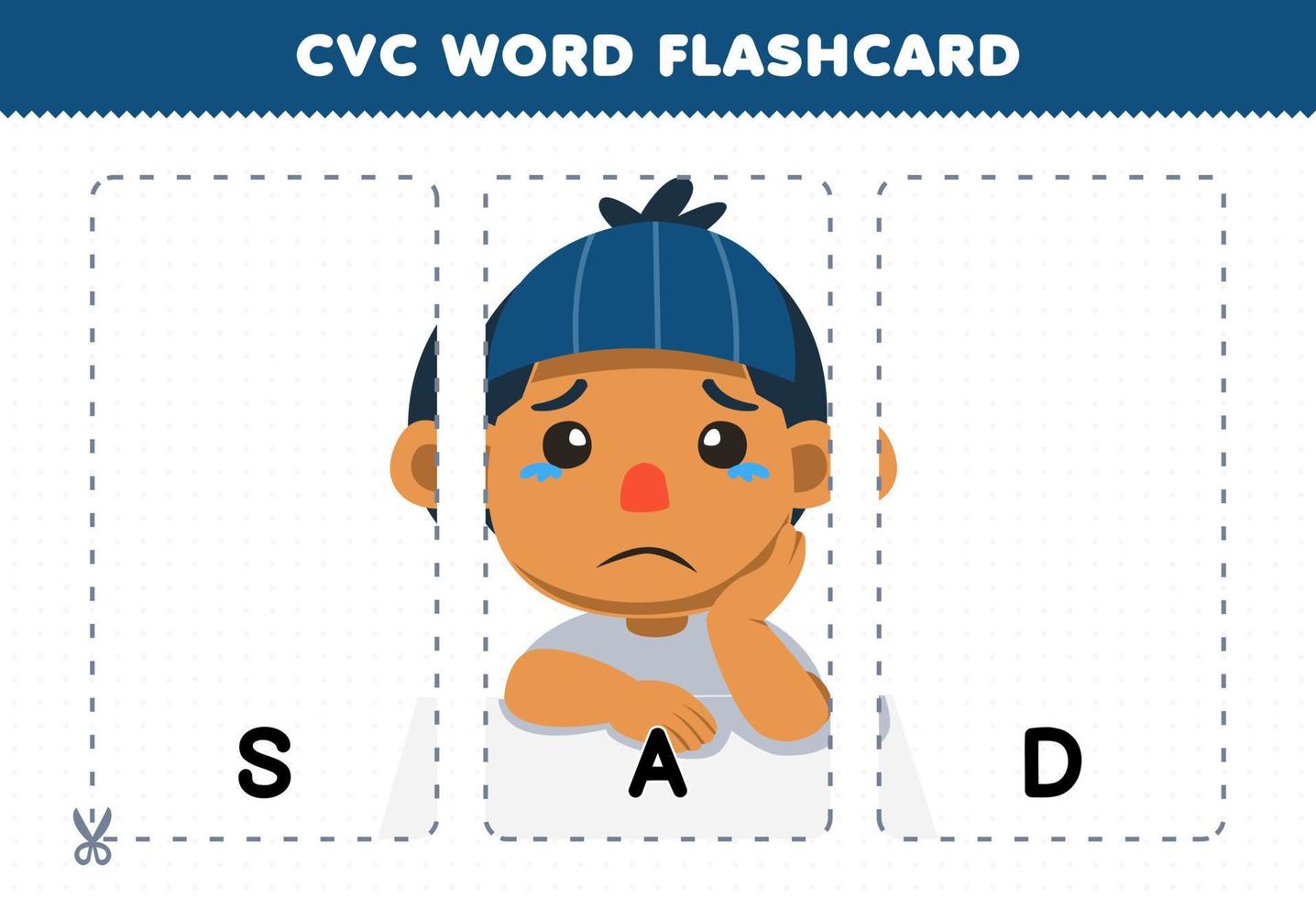 Education game for children learning consonant vowel consonant word with cute cartoon SAD boy illustration printable flashcard vector
