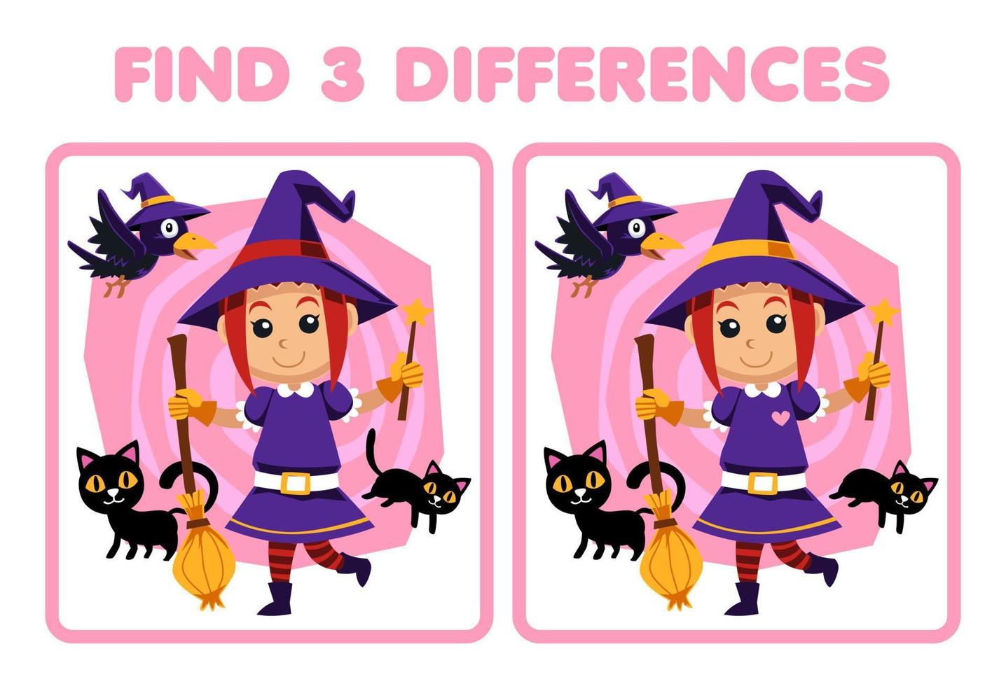 Education game for children find three differences between two cute cartoon witch costume halloween printable worksheet vector