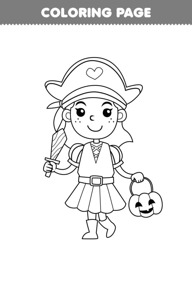 juego educativo para niños página para colorear de dibujos animados lindo chica pirata línea arte halloween hoja de trabajo imprimible vector