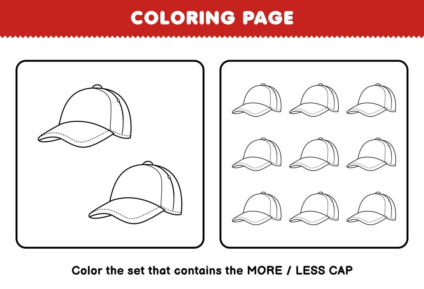 Education game for children coloring page more or less picture of cute cartoon wearable clothes cap line art set printable worksheet vector