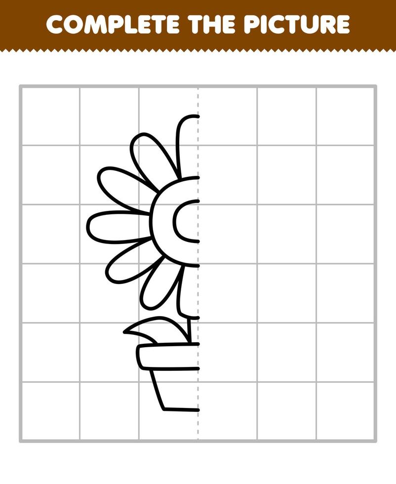 juego educativo para niños completar la imagen de la mitad del esquema de  girasol de dibujos animados lindo para dibujar hoja de trabajo de granja  imprimible 11208085 Vector en Vecteezy