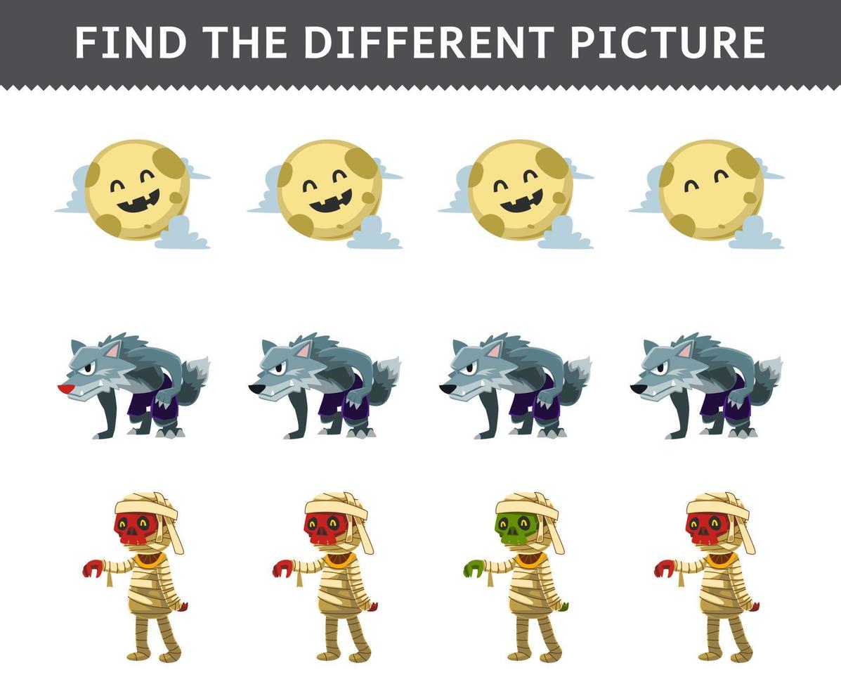 Education game for children find the different picture in each row of cute cartoon moon werewolf mummy costume halloween printable worksheet vector