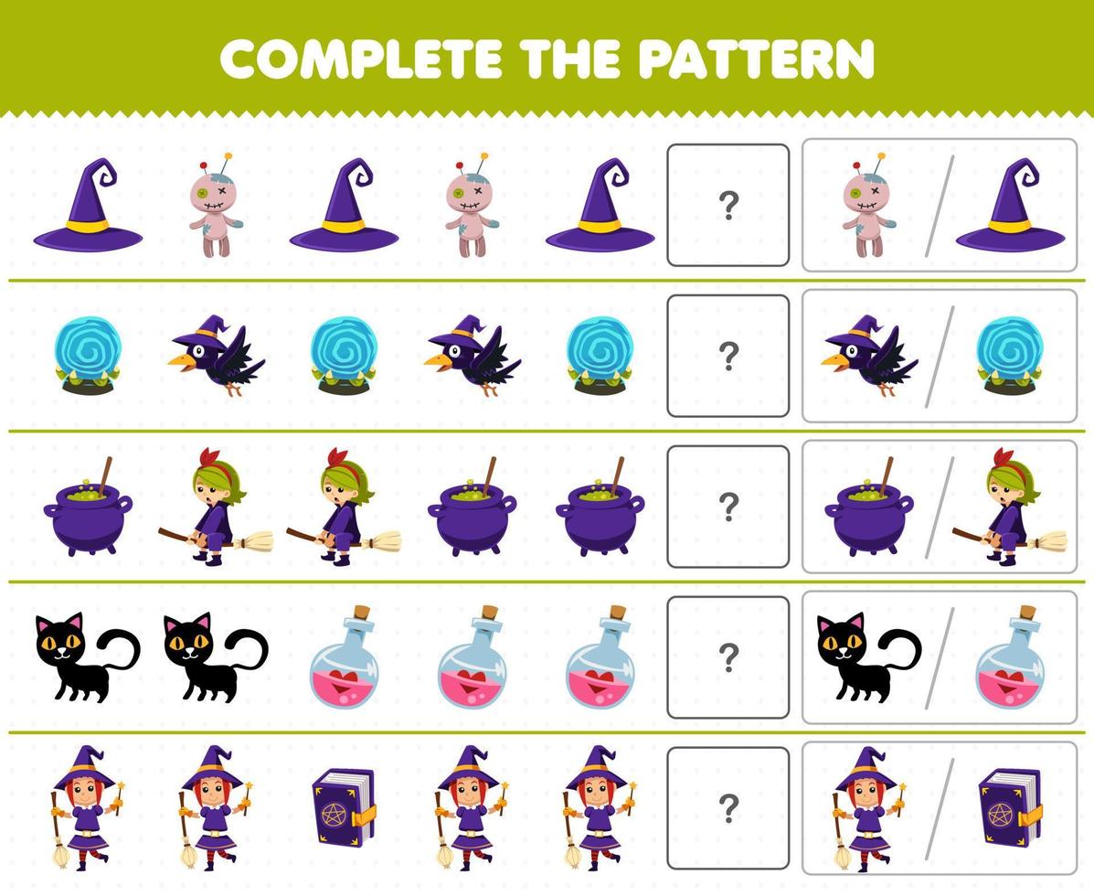 Education game for children complete the pattern by guess the correct picture of cute cartoon witch costume halloween printable worksheet vector