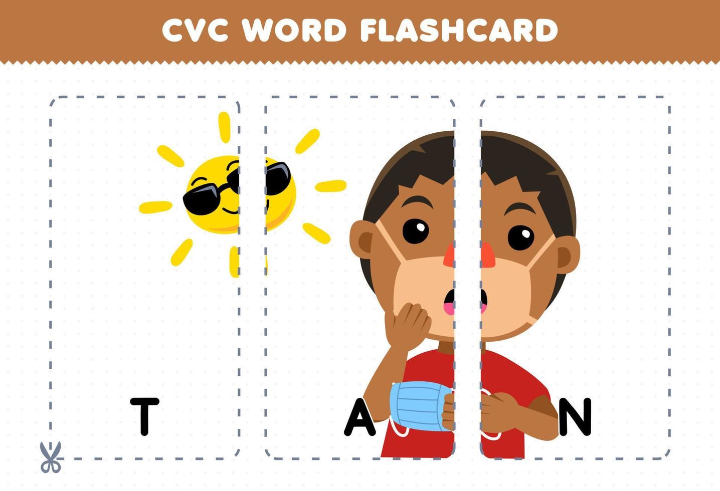 juego educativo para niños que aprenden consonante vocal consonante palabra con lindo dibujo animado piel bronceada niño ilustración tarjeta flash imprimible vector