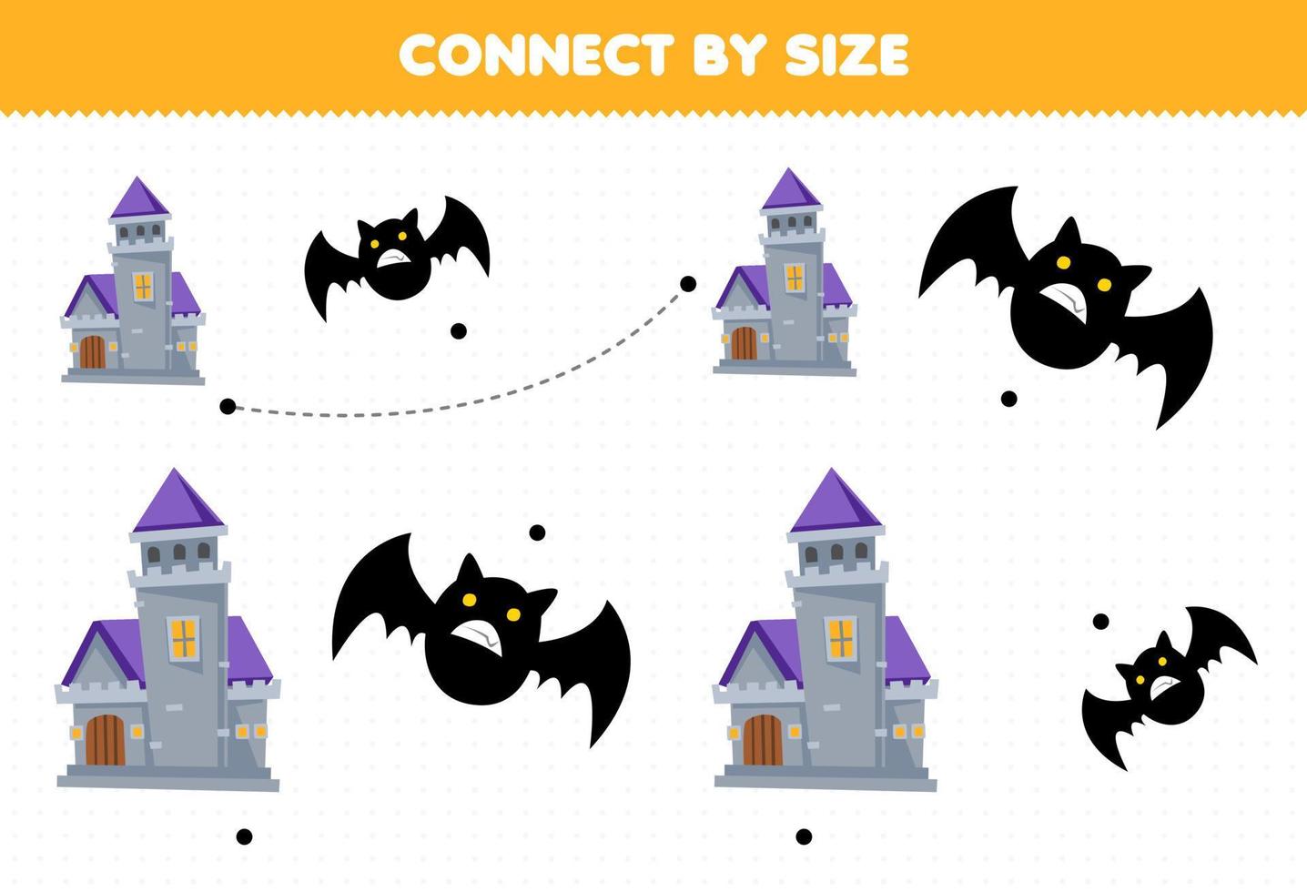 Educational game for kids connect by the size of cute cartoon black bat and castle halloween printable worksheet vector