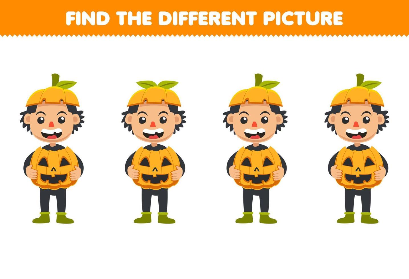 Education game for children find the different picture in each row of cute cartoon pumpkin boy costume halloween printable worksheet vector