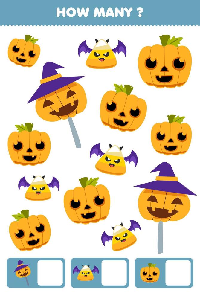 juego educativo para niños buscando y contando cuántos objetos de dibujos animados lindo maíz dulce calabaza halloween hoja de trabajo imprimible vector