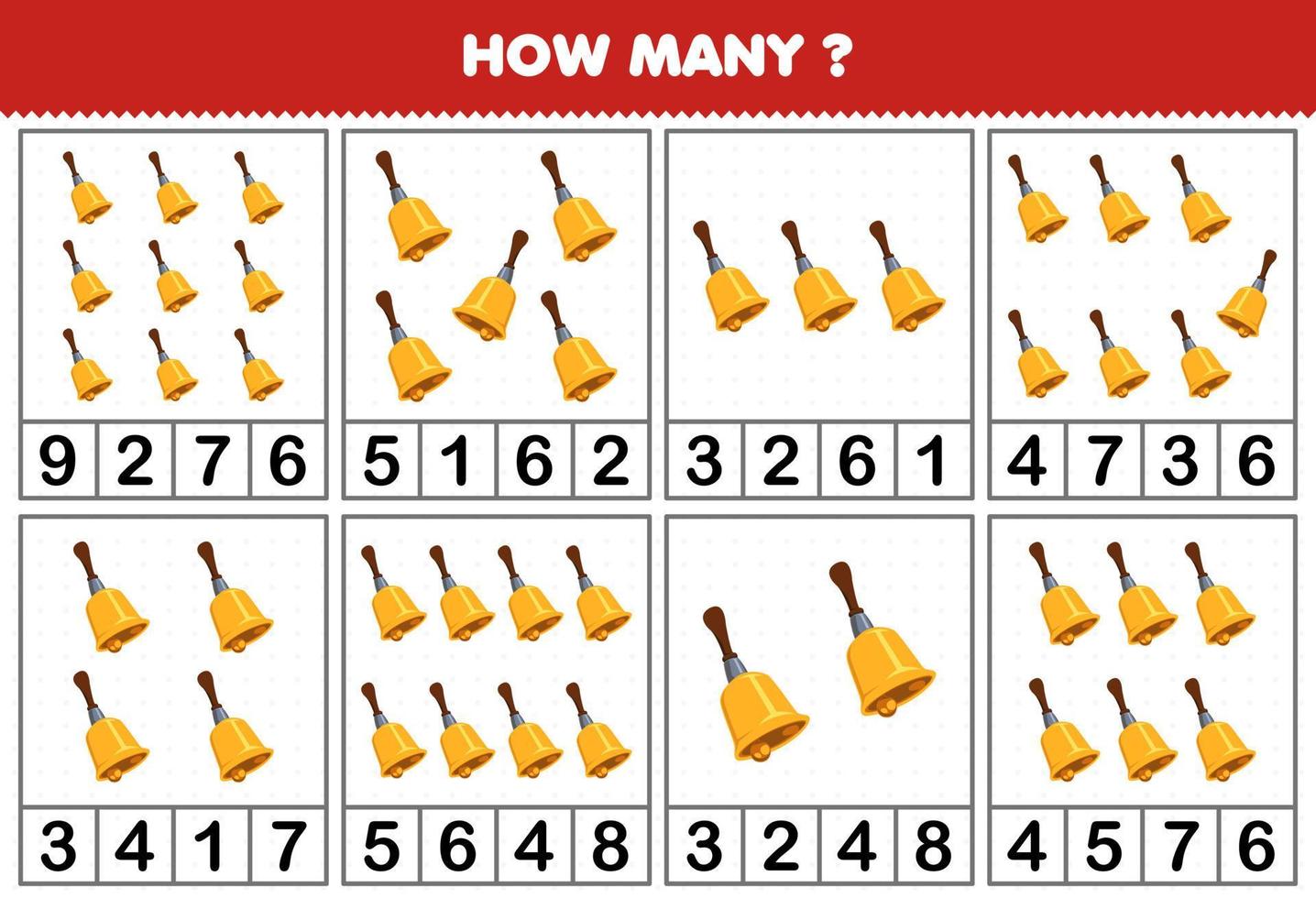 Education game for children counting how many objects in each table of cartoon music instrument bell printable worksheet vector