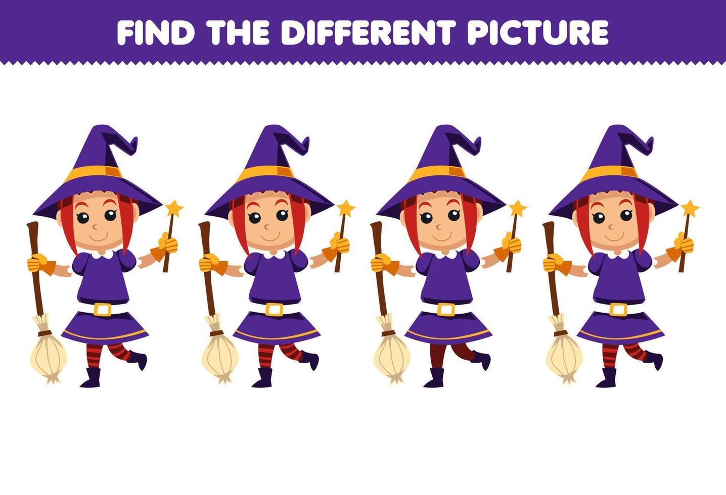 Education game for children find the different picture in each row of cute cartoon witch costume halloween printable worksheet vector