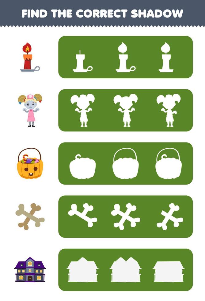 Education game for children find the correct shadow silhouette of cute cartoon candle zombie candy basket bone spooky house halloween printable worksheet vector