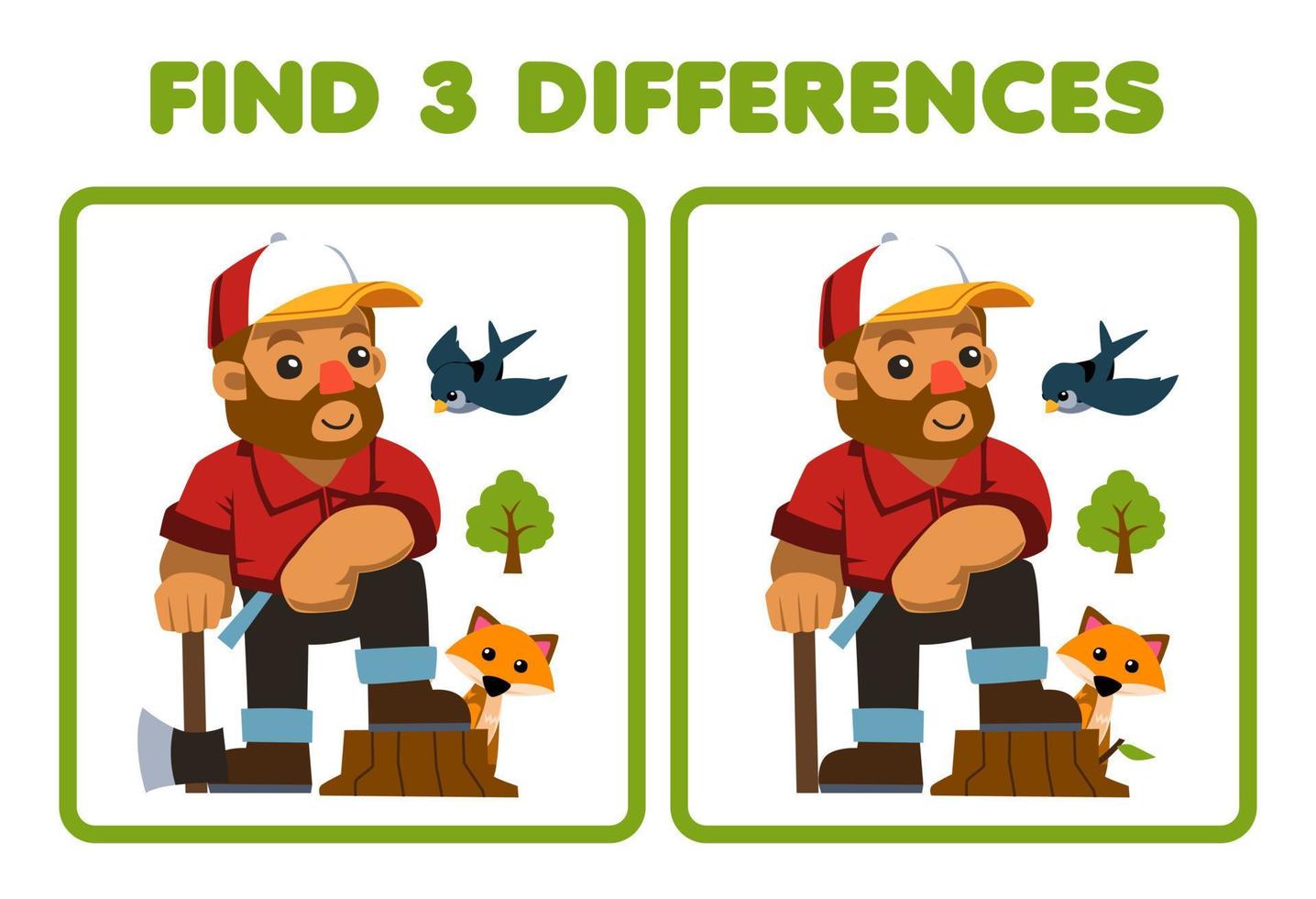 juego educativo para niños encuentra tres diferencias entre dos lindos dibujos animados leñador lleva un hacha al lado de la hoja de trabajo imprimible de la granja de zorros y pájaros vector