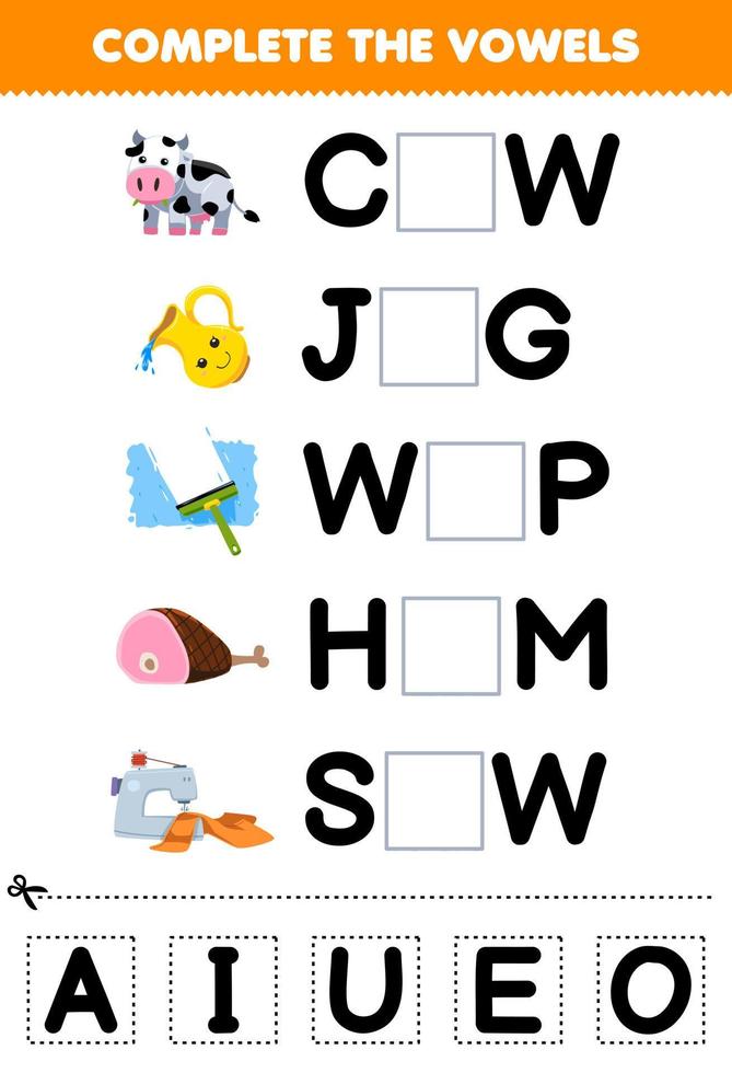 Education game for children complete the vowels of cute cartoon cow jug wipe ham sew illustration printable worksheet vector