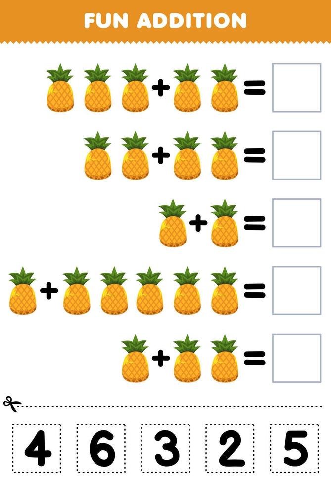 juego educativo para niños adición divertida cortando y combinando el número correcto para la hoja de trabajo imprimible de fruta de piña de dibujos animados vector