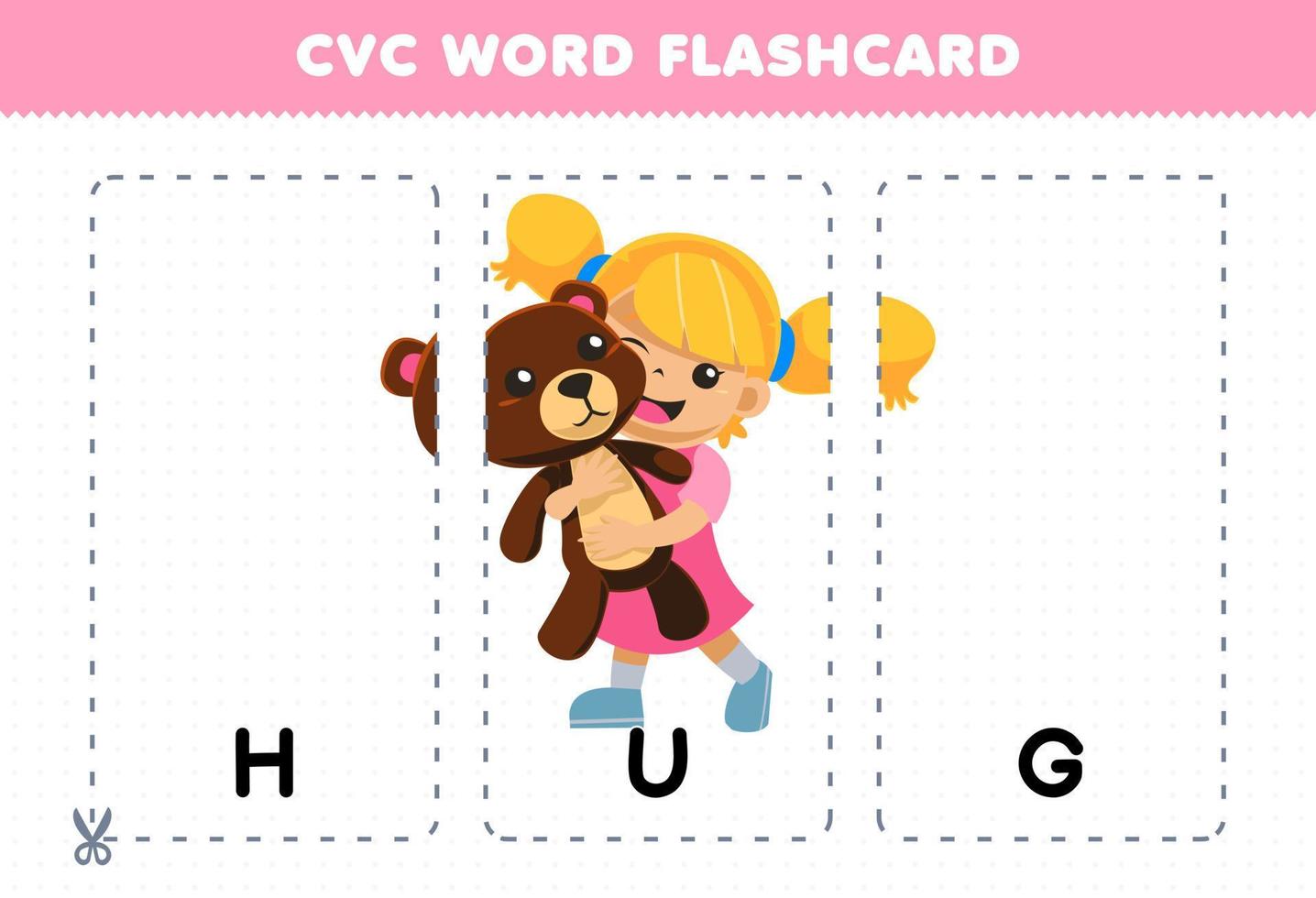 juego educativo para niños que aprenden consonante vocal consonante palabra con linda niña de dibujos animados abrazo oso de peluche muñeca ilustración tarjeta flash imprimible vector