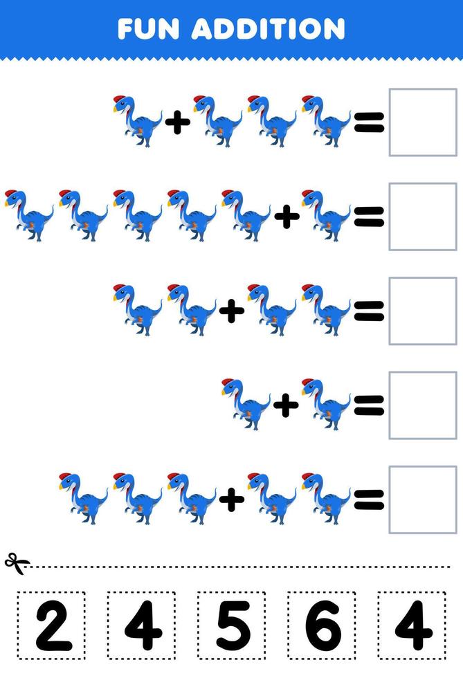 Education game for children fun addition by cut and match correct number for cute cartoon prehistoric dinosaur oviraptor printable worksheet vector