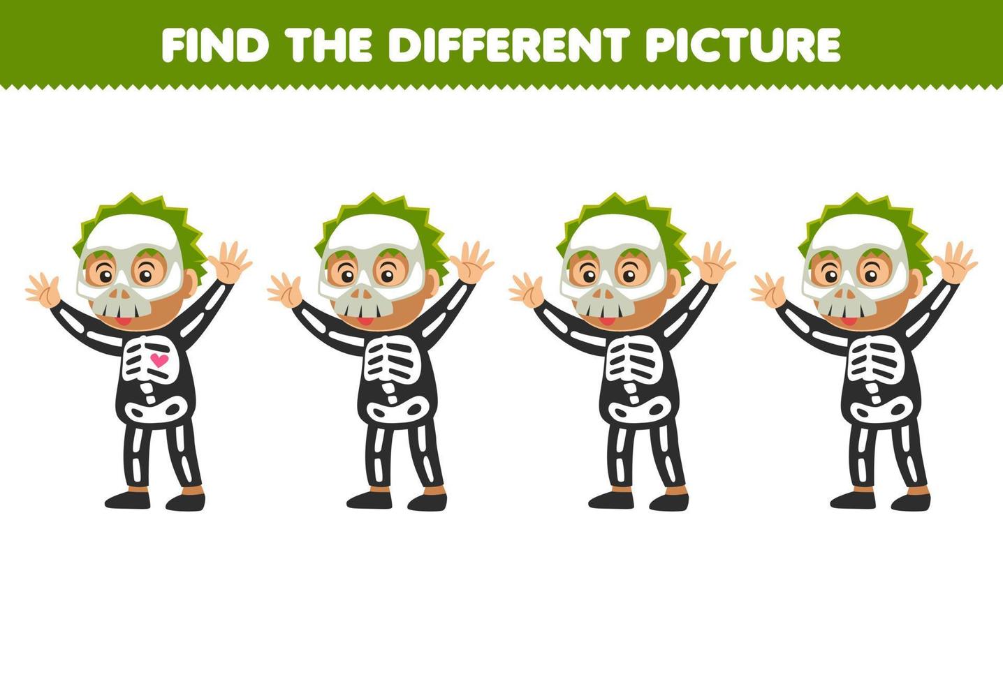 Education game for children find the different picture in each row of cute cartoon skeleton costume halloween printable worksheet vector