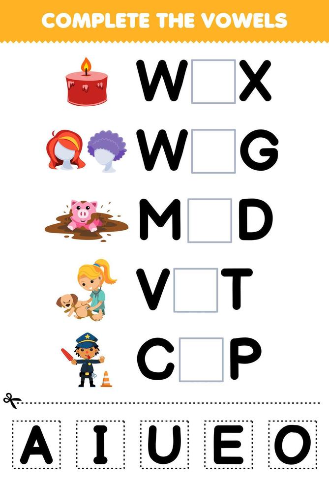 Education game for children complete the vowels of cute cartoon wax wig mud vet cop illustration printable worksheet vector