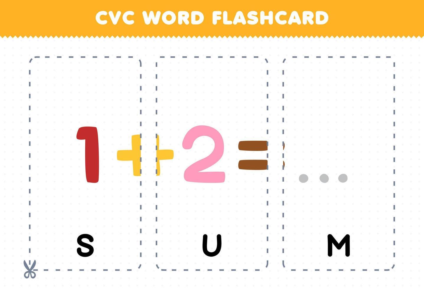 Education game for children learning consonant vowel consonant word with cute cartoon SUM number one plus two illustration printable flashcard vector