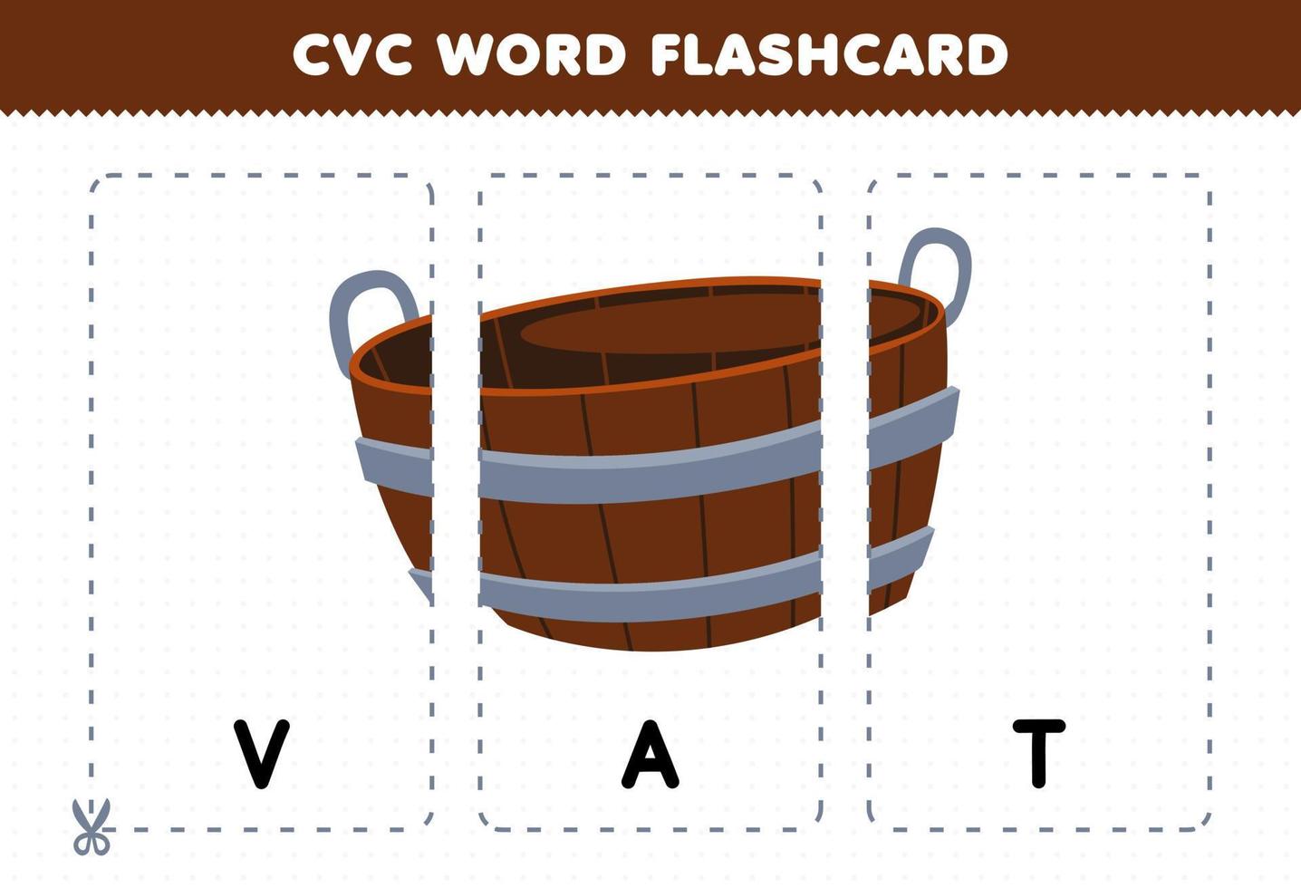 Education game for children learning consonant vowel consonant word with cute cartoon wooden VAT illustration printable flashcard vector