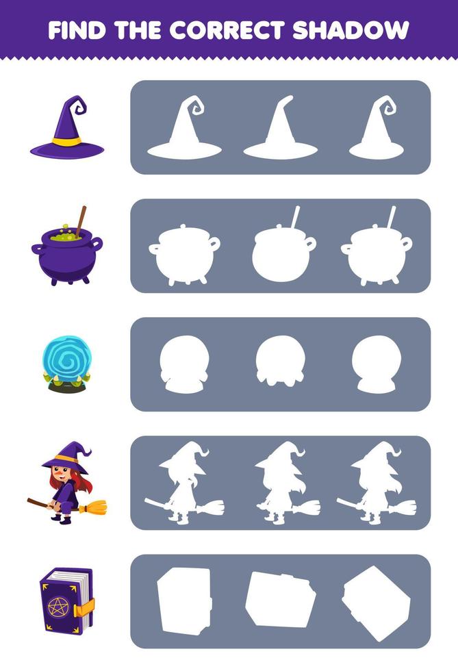 Education game for children find the correct shadow silhouette of cute cartoon hat cauldron magic orb book witch halloween printable worksheet vector
