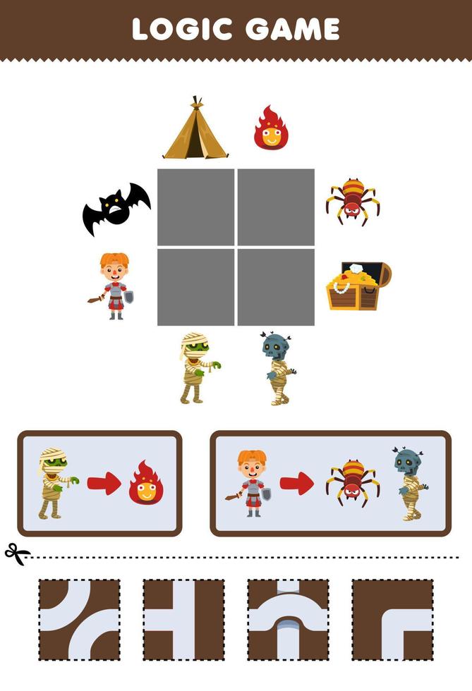 juego de educación para niños rompecabezas de lógica construir el camino para la hoja de trabajo imprimible de halloween de momia vector