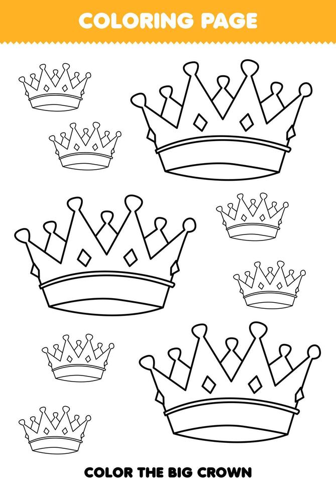 Education game for children coloring page big or small picture of wearable accessories crown line art printable worksheet vector