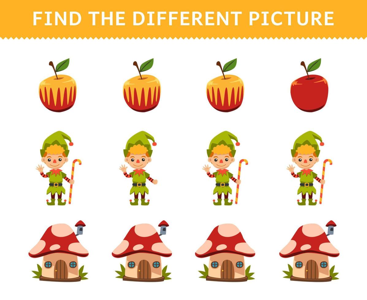 Education game for children find the different picture in each row of cute cartoon apple dwarfs costume mushroom house halloween printable worksheet vector