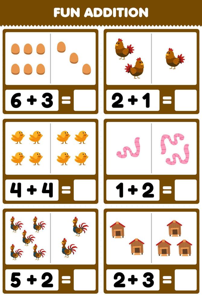Education game for children fun addition by counting and sum of cute cartoon egg chicken hen chick rooster worm coop printable farm worksheet vector