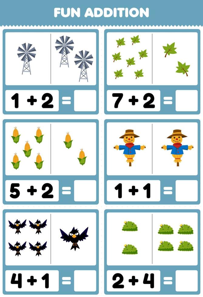 Education game for children fun addition by counting and sum of cute cartoon windmill leaf corn scarecrow crow bush printable farm worksheet vector