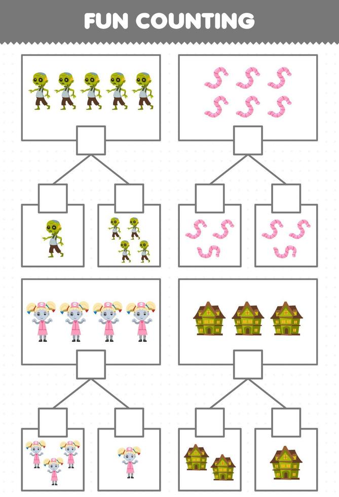Education game for children fun counting picture in each box of cute cartoon worm spooky house zombie halloween printable worksheet vector