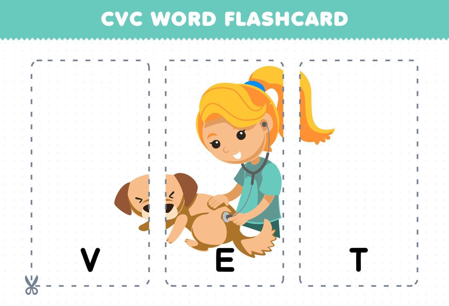 juego educativo para niños que aprenden consonante vocal palabra consonante con un lindo veterinario de dibujos animados que verifica la ilustración de un perro tarjeta flash imprimible vector