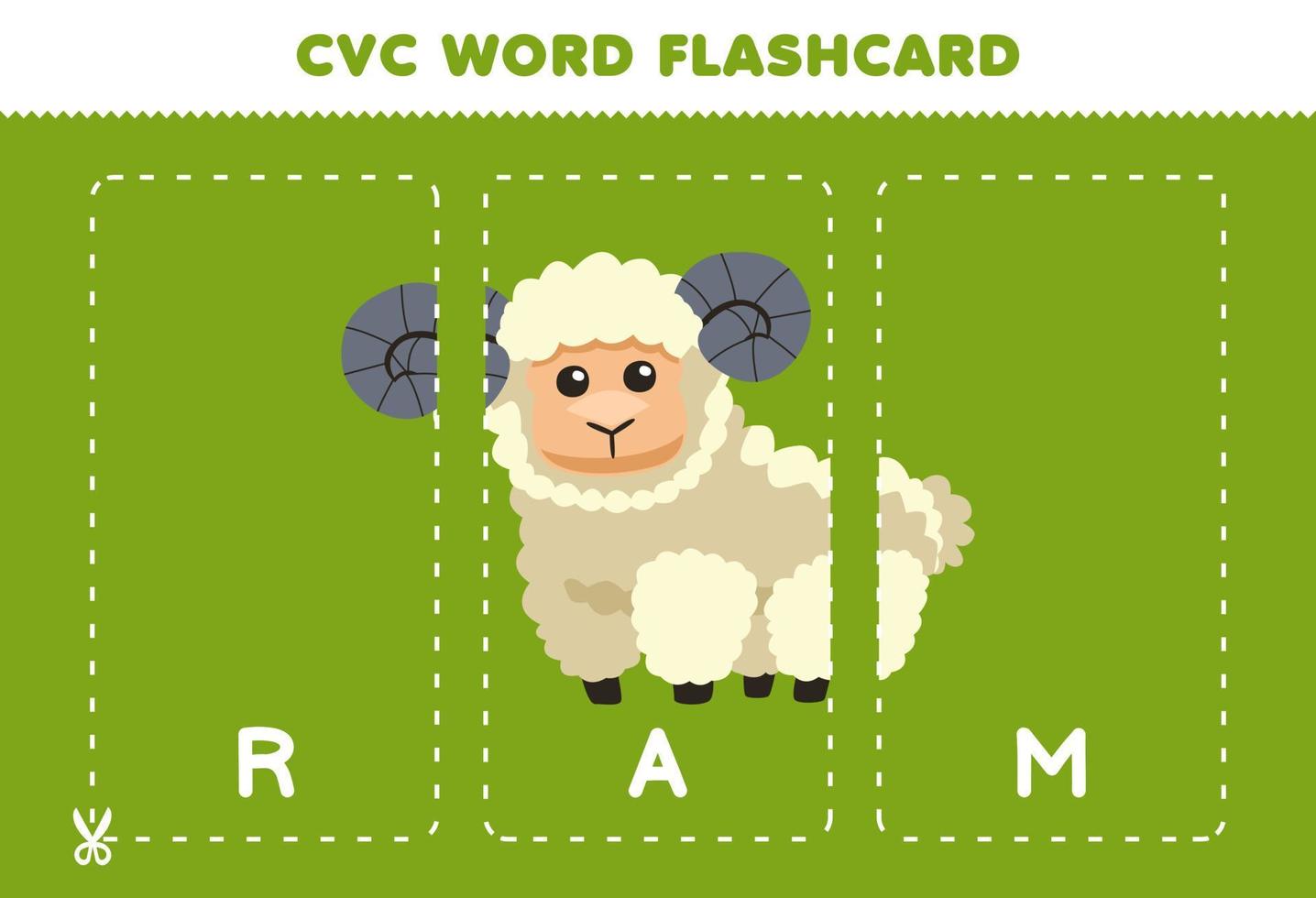 Education game for children learning consonant vowel consonant word with cute cartoon RAM sheep illustration printable flashcard vector