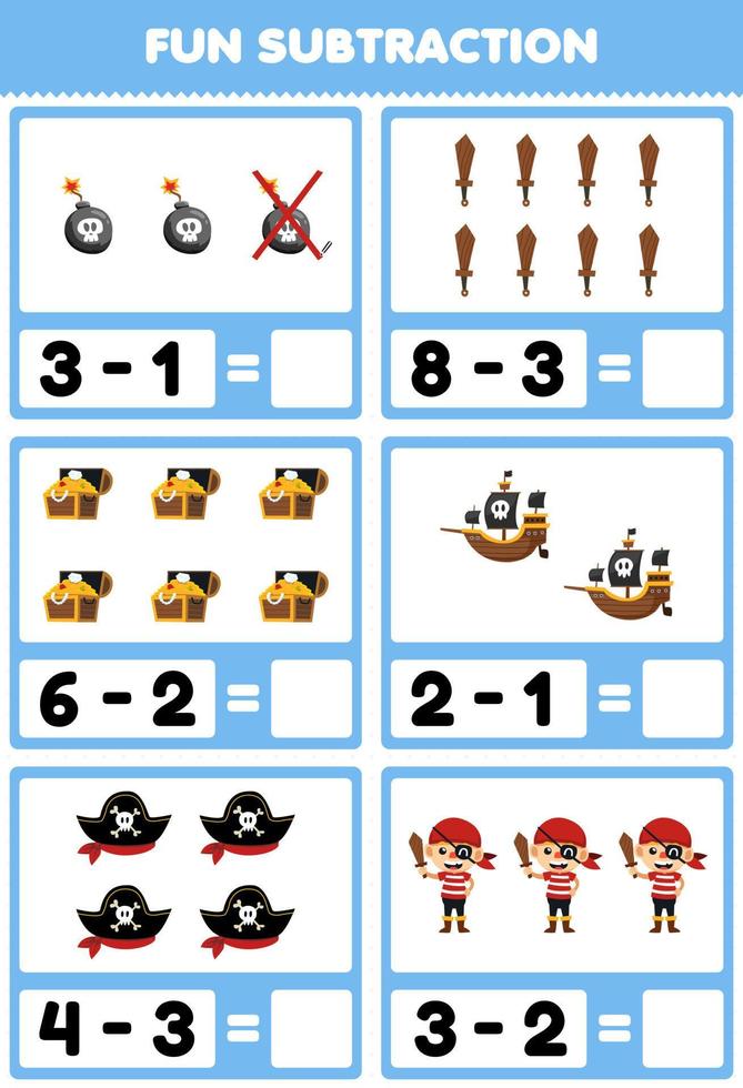 juego educativo para niños diversión resta contando y eliminando bomba de dibujos animados lindo espada de madera cofre del tesoro sombrero de barco disfraz de pirata hoja de trabajo imprimible de halloween vector