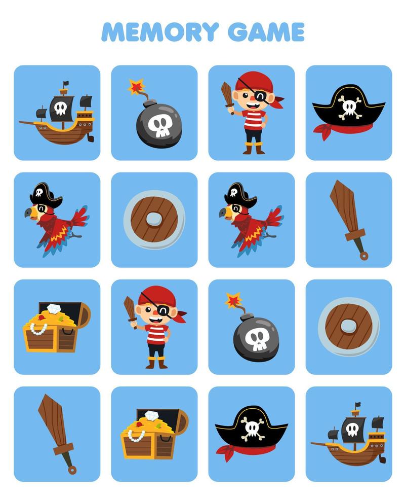 Education game for children memory to find similar pictures of cute cartoon ship bomb parrot treasure chest hat wooden sword pirate boy costume halloween printable worksheet vector