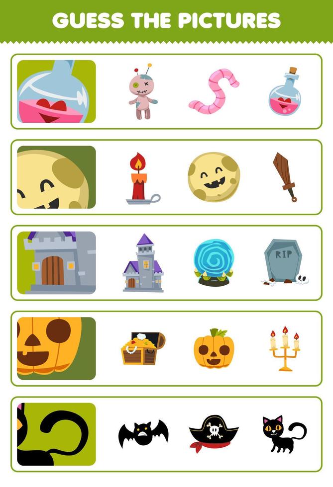 Education game for children guess the correct pictures of cute cartoon potion bottle moon castle pumpkin black cat halloween printable worksheet vector