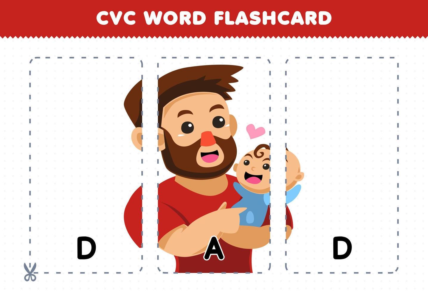Education game for children learning consonant vowel consonant word with cute cartoon DAD illustration printable flashcard vector