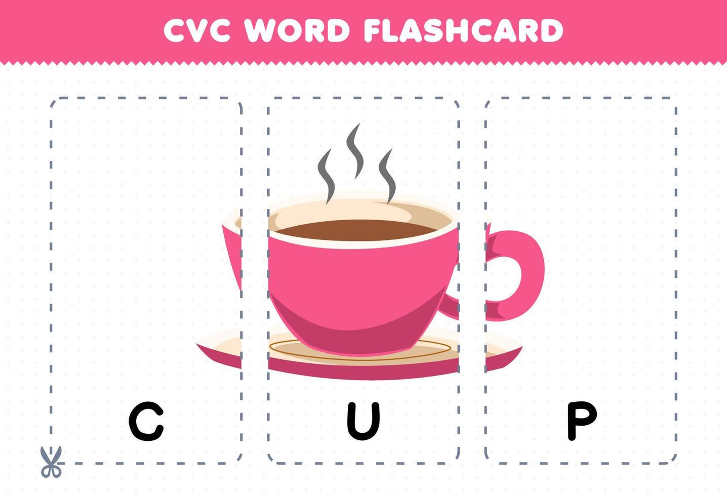juego educativo para niños que aprenden consonante vocal consonante palabra con una linda ilustración de taza de dibujos animados tarjeta flash imprimible vector