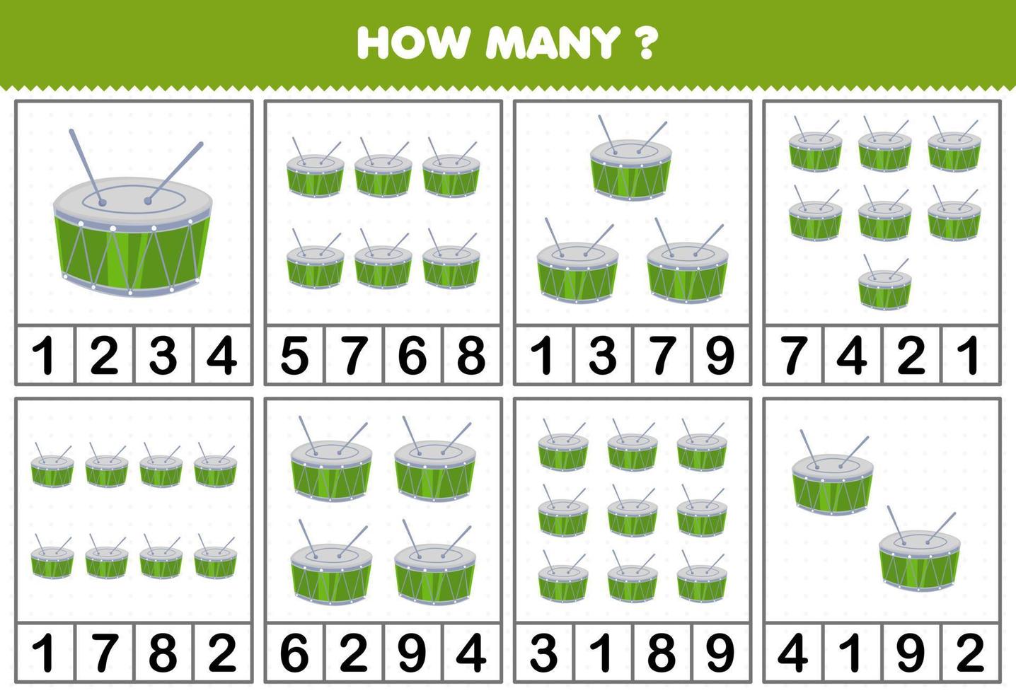 Education game for children counting how many objects in each table of cartoon music instrument drum printable worksheet vector