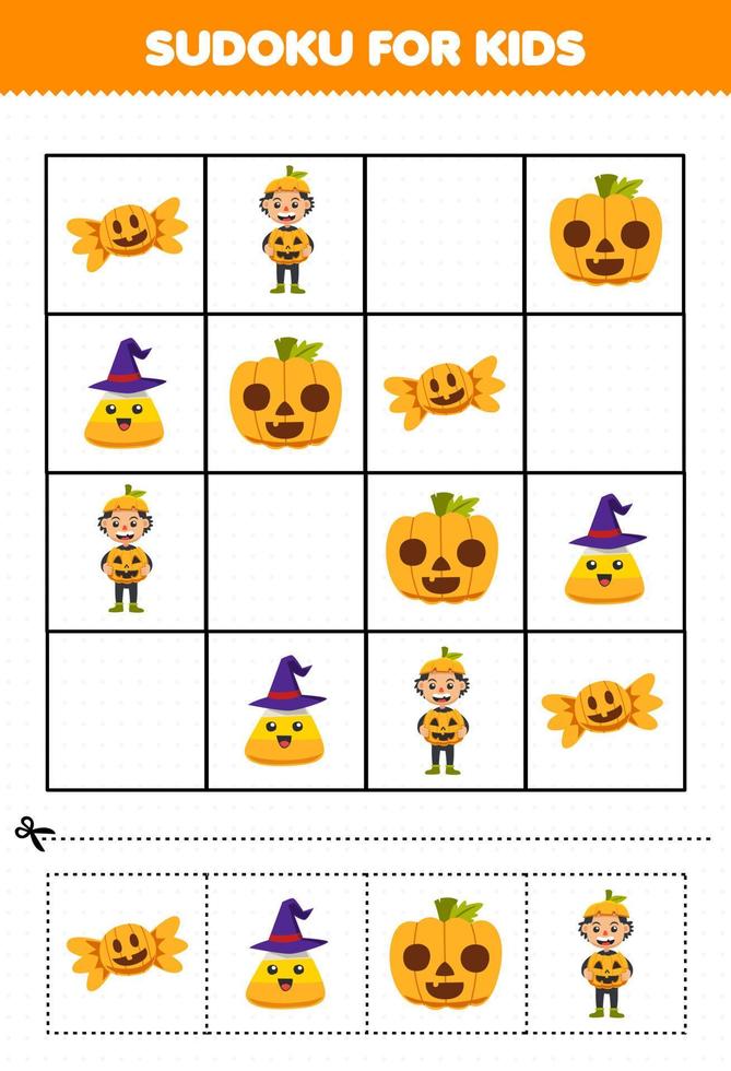 juego educativo para niños sudoku para niños con linda caricatura maíz dulce calabaza niño disfraz halloween hoja de trabajo imprimible vector