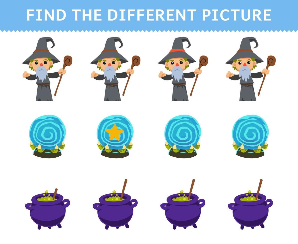 Education game for children find the different picture in each row of cute cartoon wizard costume magic orb cauldron halloween printable worksheet vector