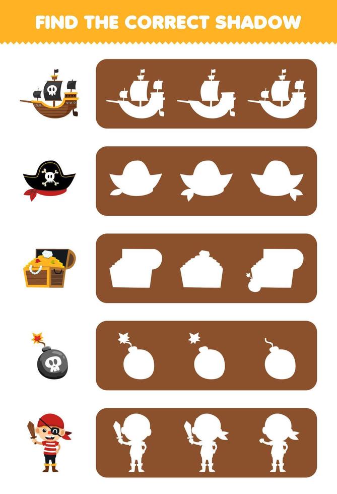 Education game for children find the correct shadow silhouette of cute cartoon ship hat treasure bomb pirate halloween printable worksheet vector