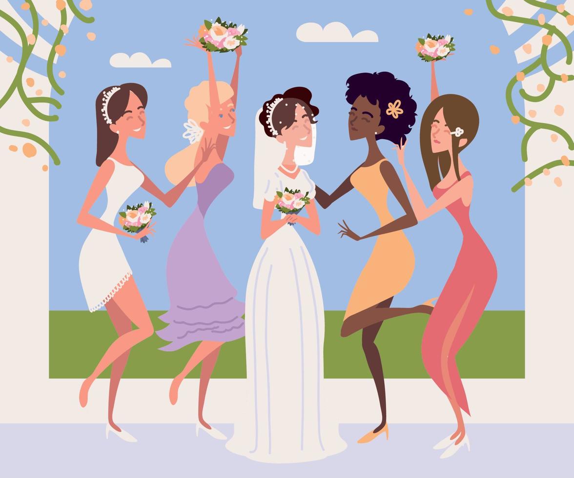 bride and bridesmaids portrait vector