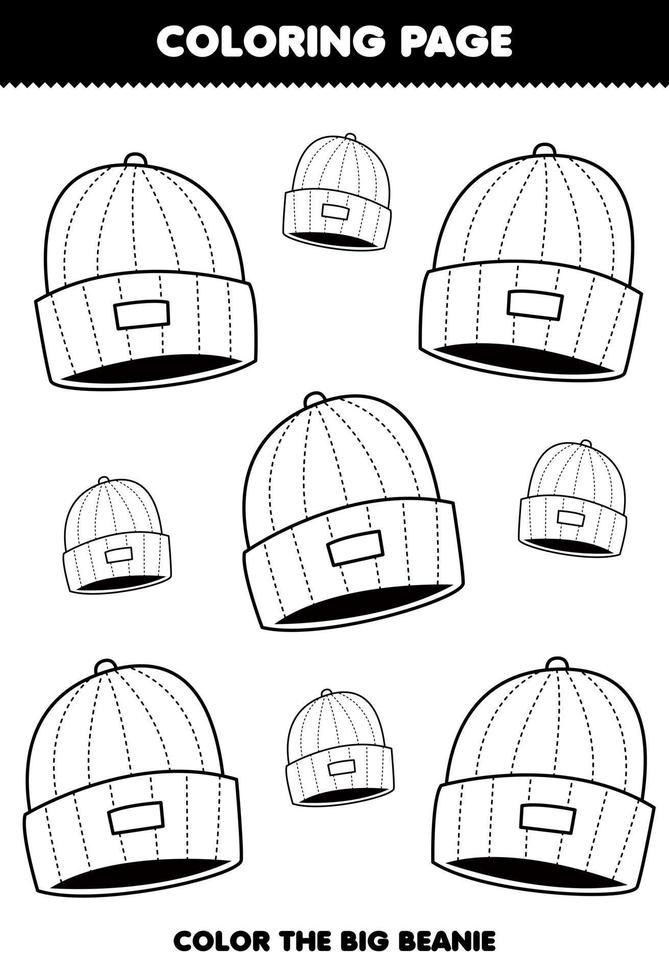 Education game for children coloring page big or small picture of wearable clothes beanie hat line art printable worksheet vector